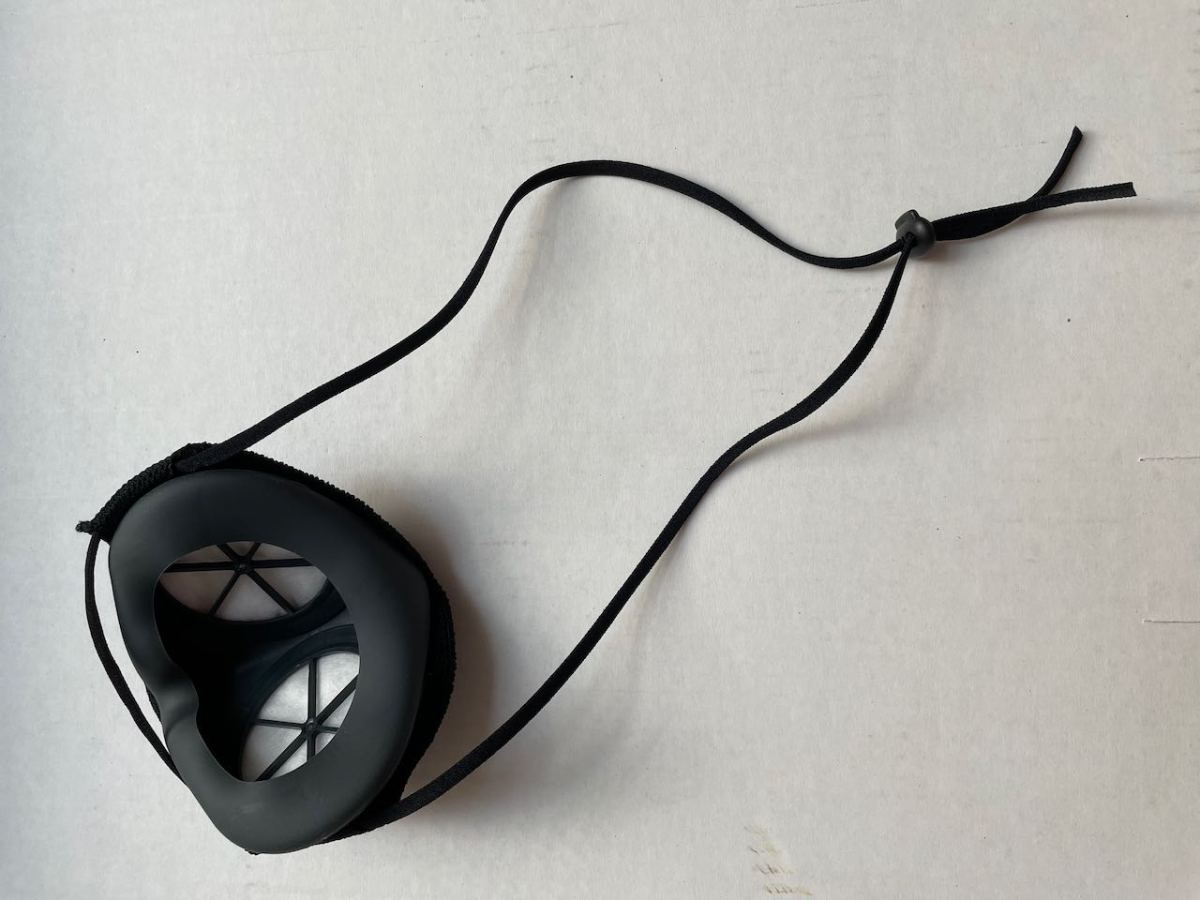 B2 Mask with loop of strap pulled all the way toward bottom