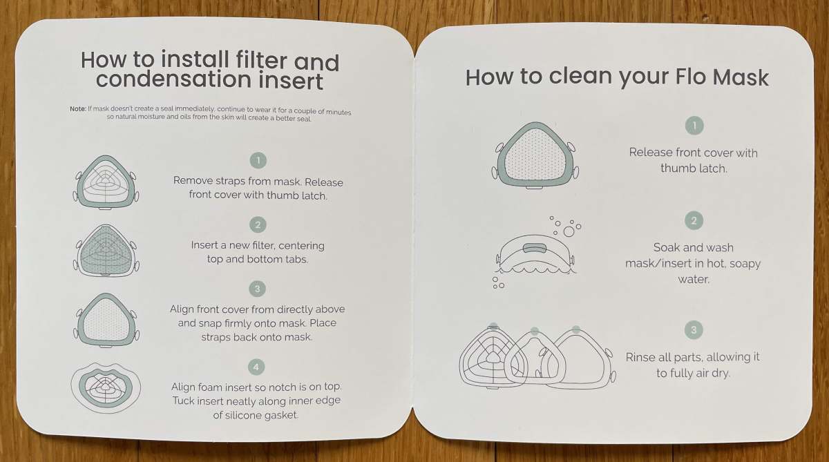 Quick Start paper manual shows how to install filter and how to clean mask
