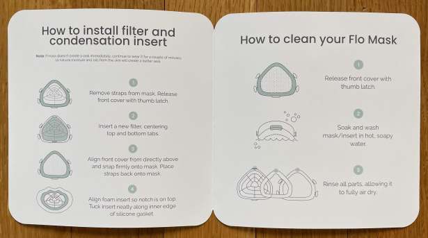 Quick Start paper manual shows how to install filter and how to clean mask