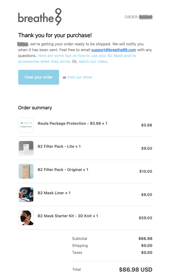 Email Thank you for your purchase of B2 mask and accessories