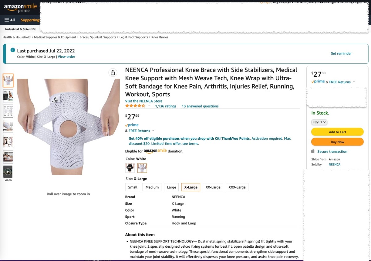 Amazon sales page for Neenca knee brace costing $27.99 for size XL