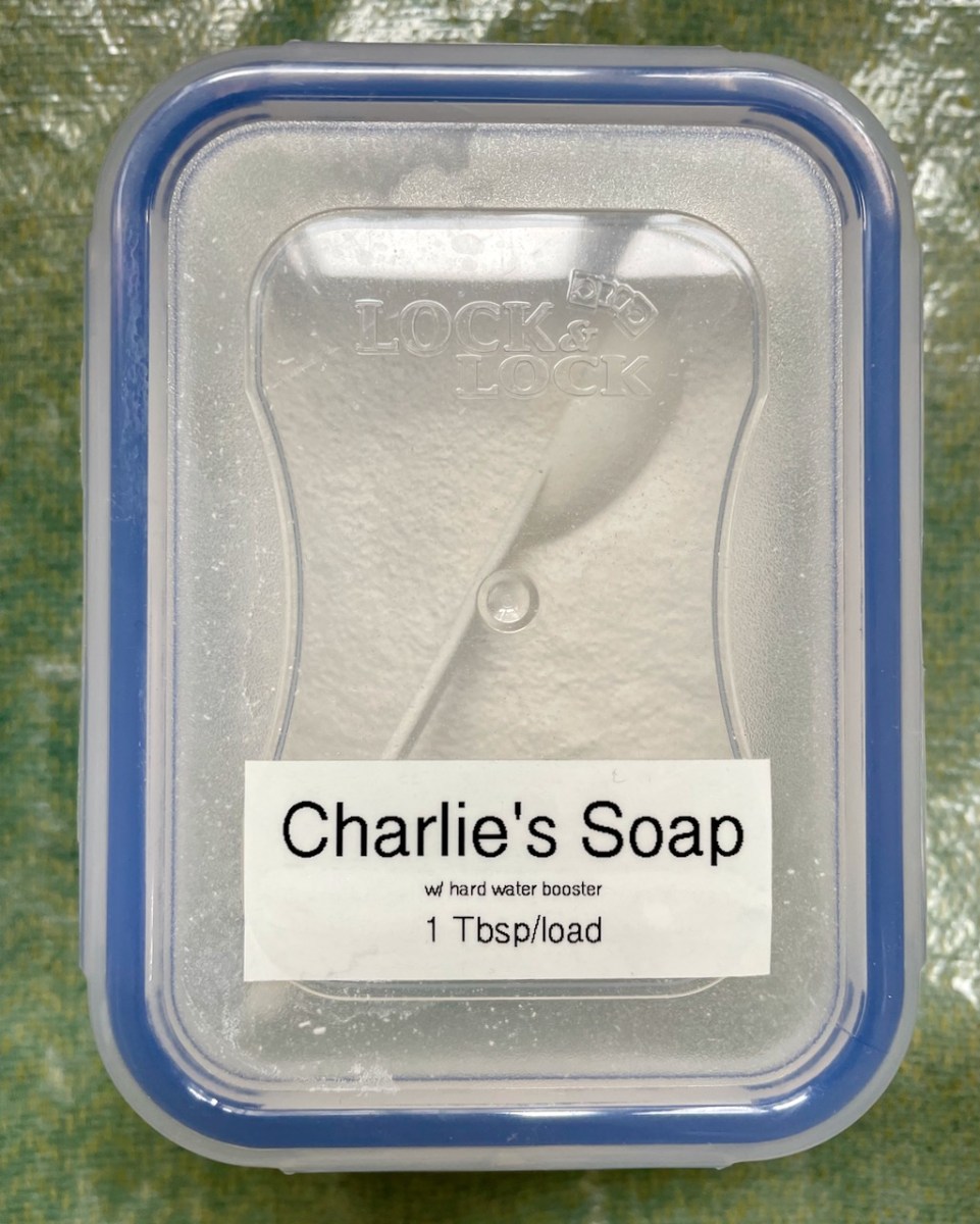 2 cup Lock & Lock HPL807 plastic container with homemade Charlie's Soap label and scoop visible inside