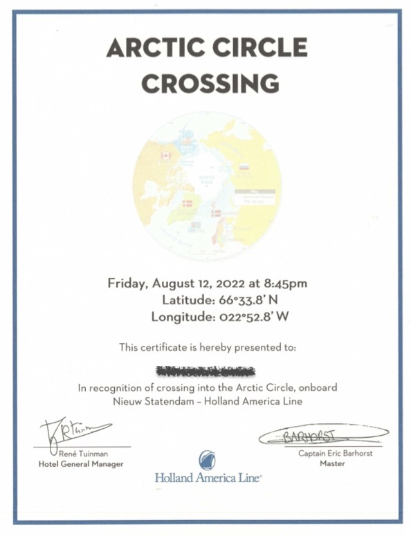 Certificate signed by Captain Barhorst showing crossing Friday, 8/12/2022 at 20:25
