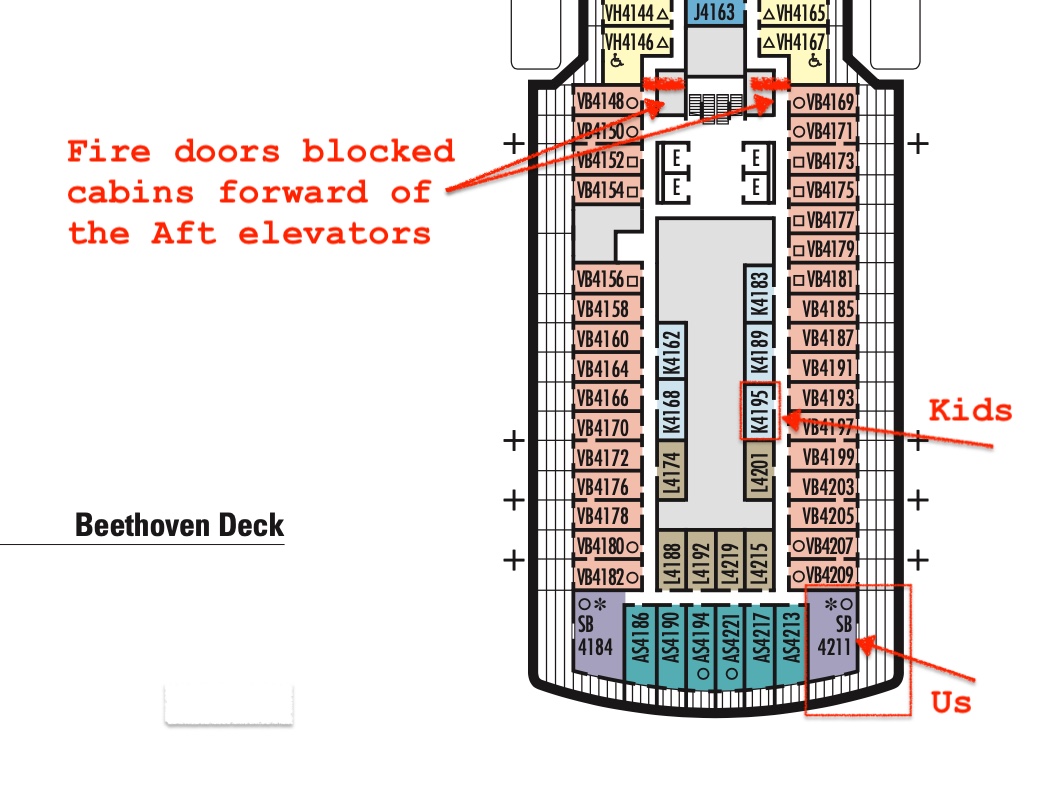 Deck plan map with fire doors and cabin we stayed in marked