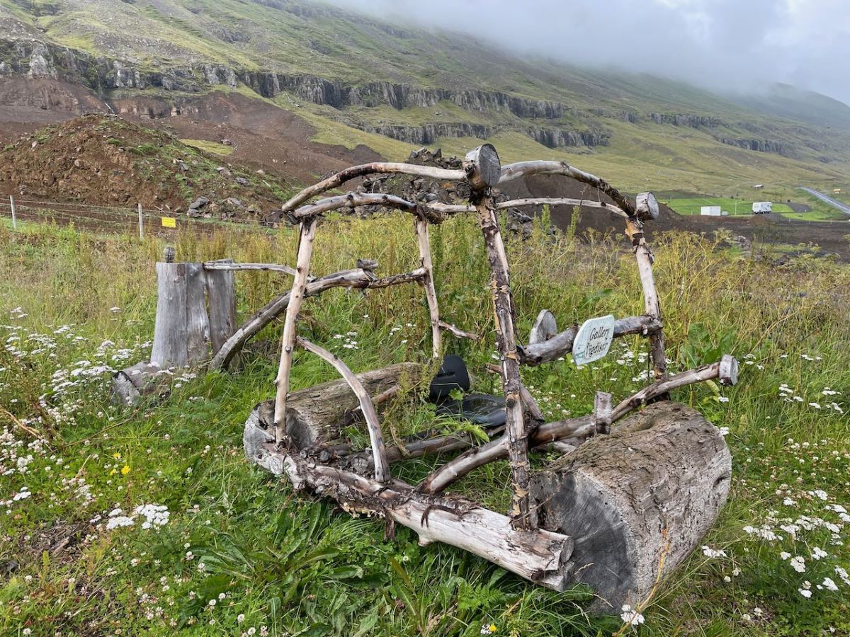 Flintstone's car sculpture at Gallery in stunning setting