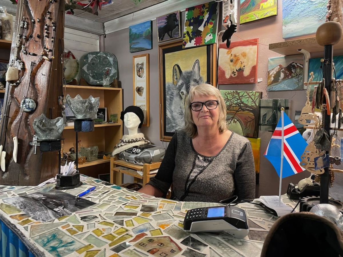 The artist herself: painter, knitter, sculptor, and general creative type