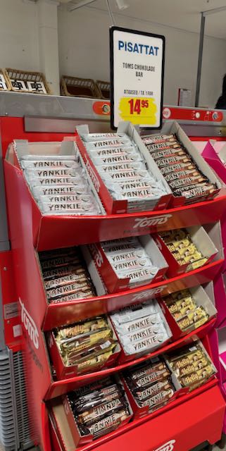 Unfamiliar chocolate brand, Tom's, with products labelled Yankie