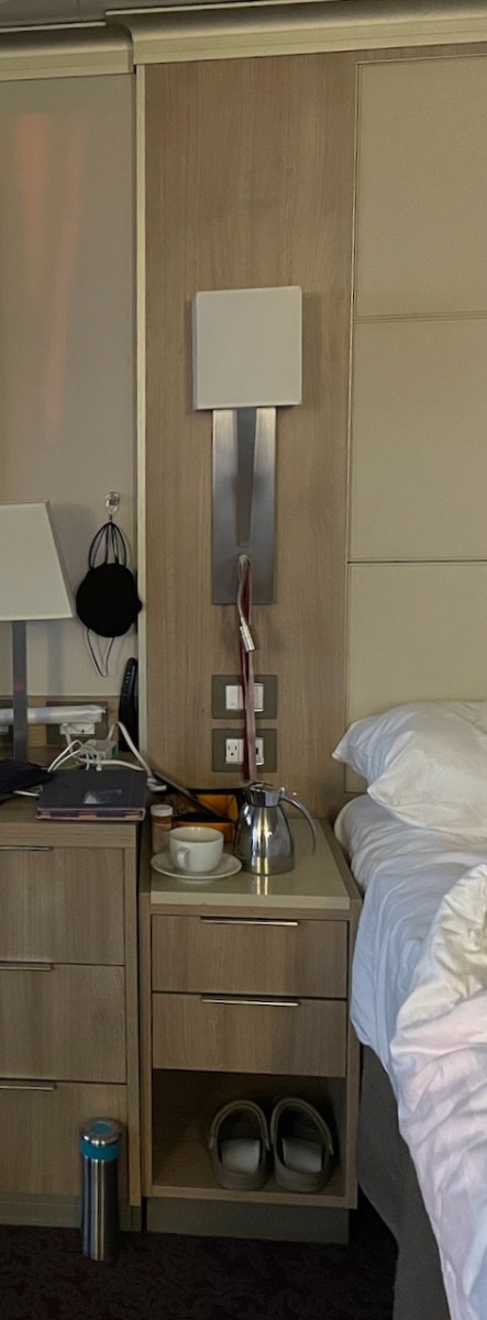 Magnetic hook visible between stateroom lamps and within reach of bed