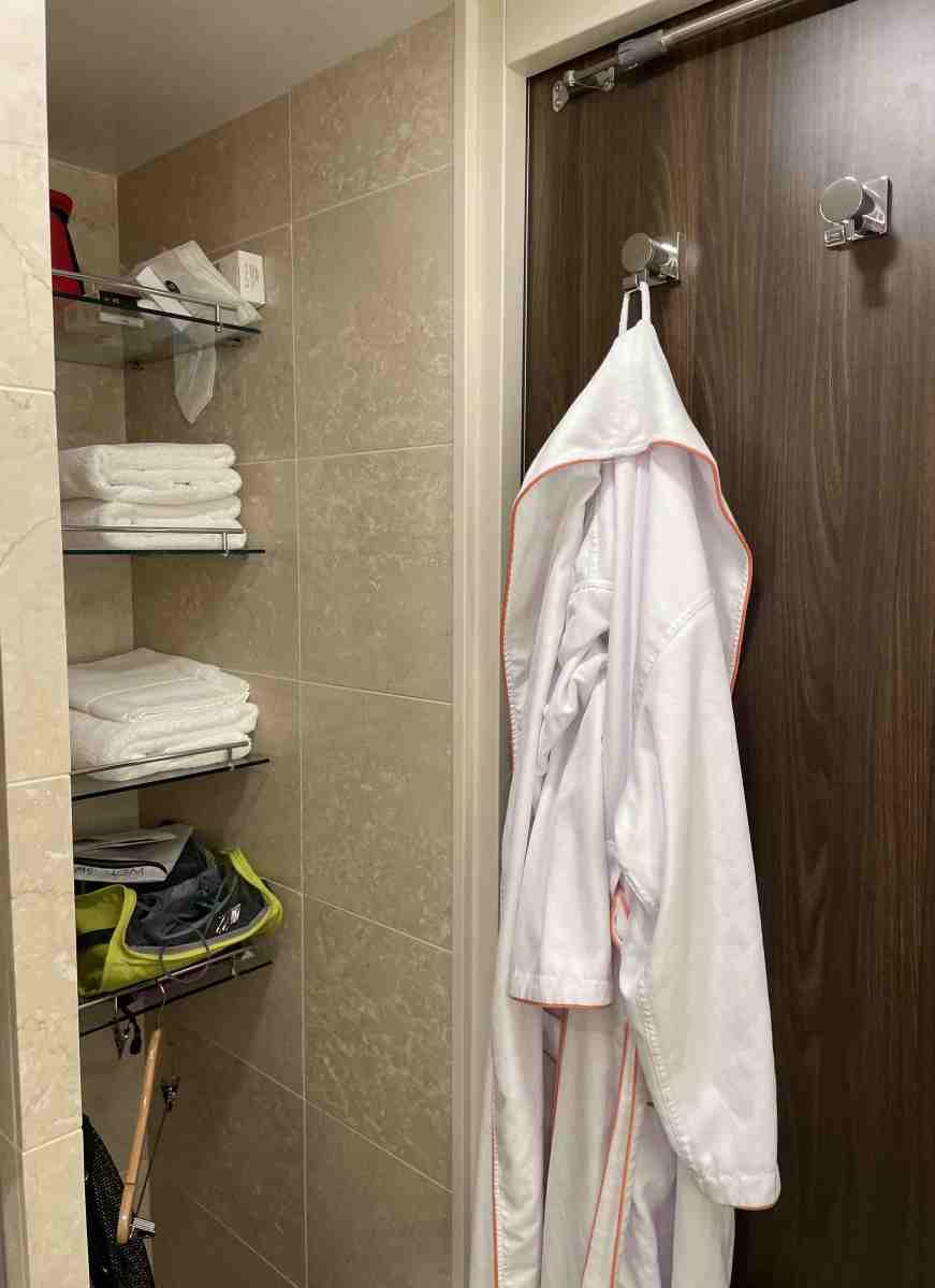 View of back of bathroom door with 2 robe hooks and four glass shelves in a floor to ceiling niche